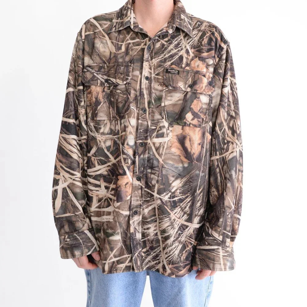 Guide Series Tan And Green Camo  Outdoor Button Up Shirt Large
